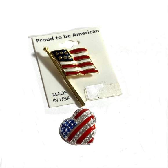 Jewelry - 5/$35 USA Enamel FLAG & Patriotic HEART Shaped Red White & Blue Pins Brooches